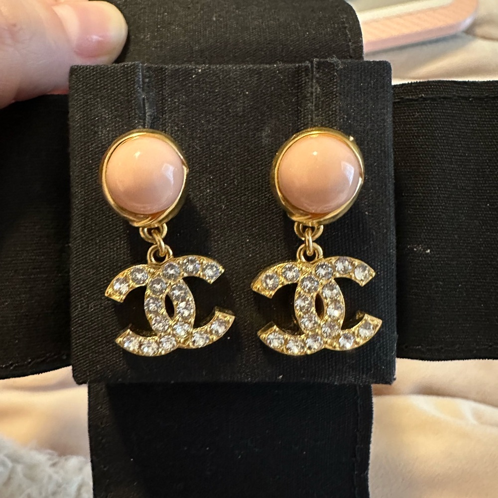 CHANEL Gold and Pink Logo Earrings